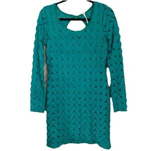 FREE PEOPLE Dress Sheath Pointelle Crochet Back Keyhole Long Sleeve Green S NWOT